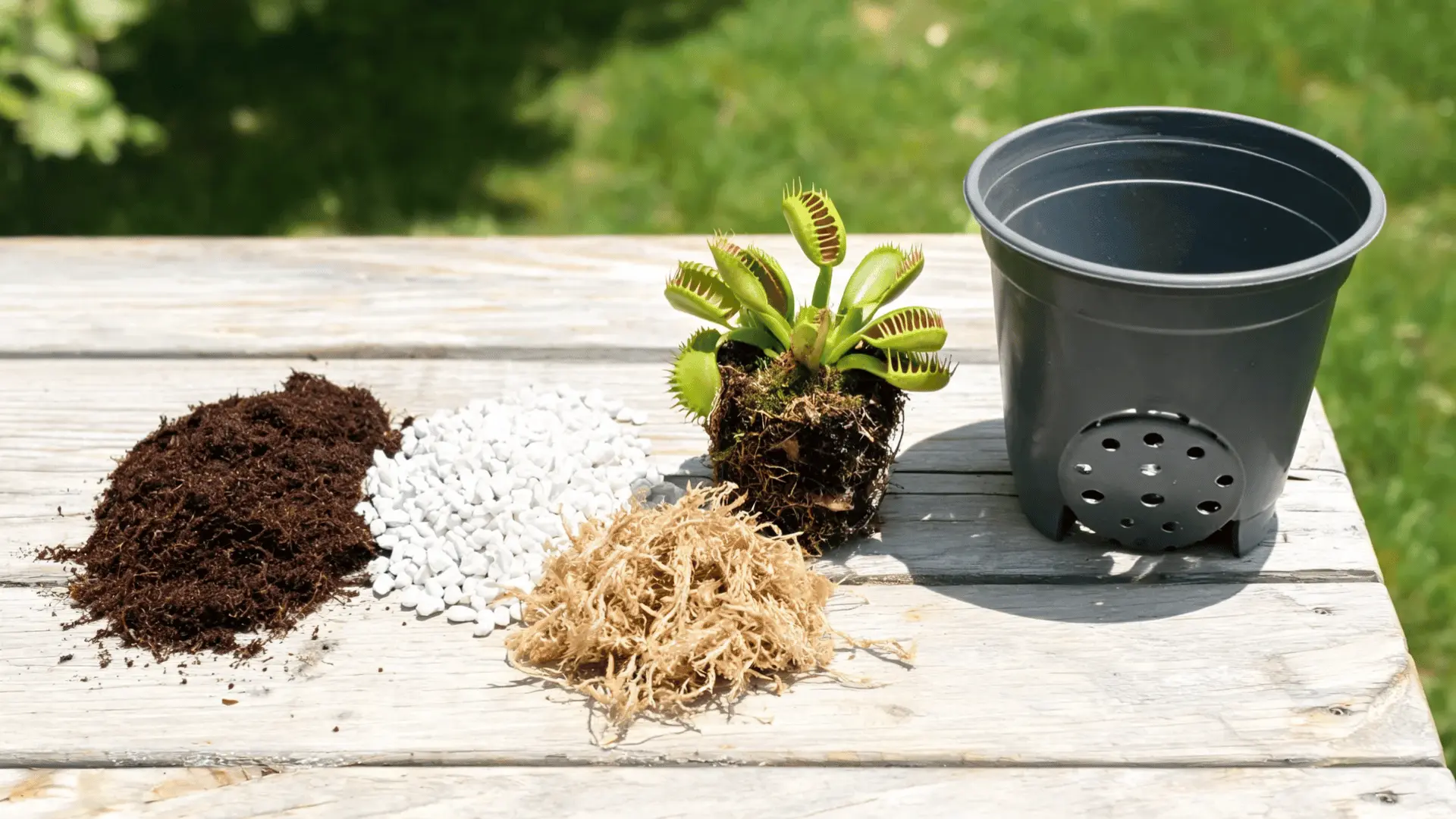 venus flytrap beside peat perlite and a deep plastic pot with drainage