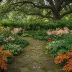 Lush garden pathway bordered by green foliage and colorful flowers under large tree canopy