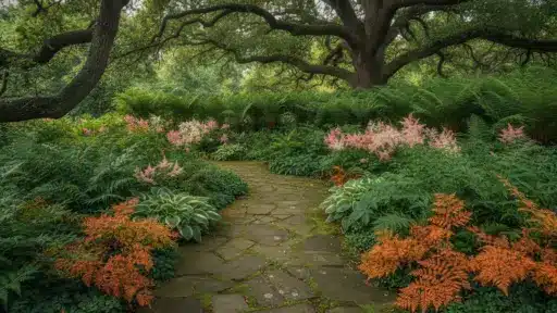 Lush garden pathway bordered by green foliage and colorful flowers under large tree canopy