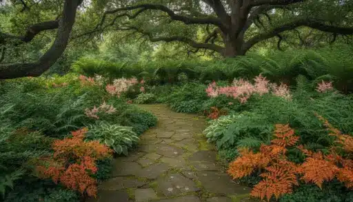 Lush garden pathway bordered by green foliage and colorful flowers under large tree canopy