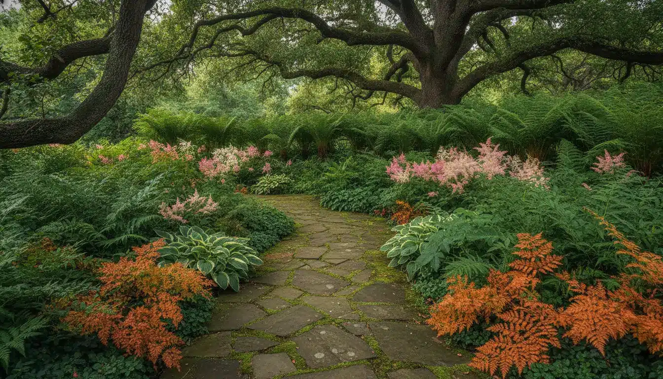 Lush garden pathway bordered by green foliage and colorful flowers under large tree canopy