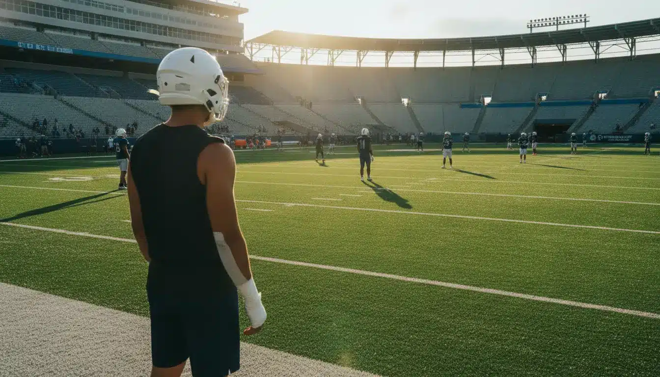 Football player in white helmet observing practice on sunlit outdoor field in stadium