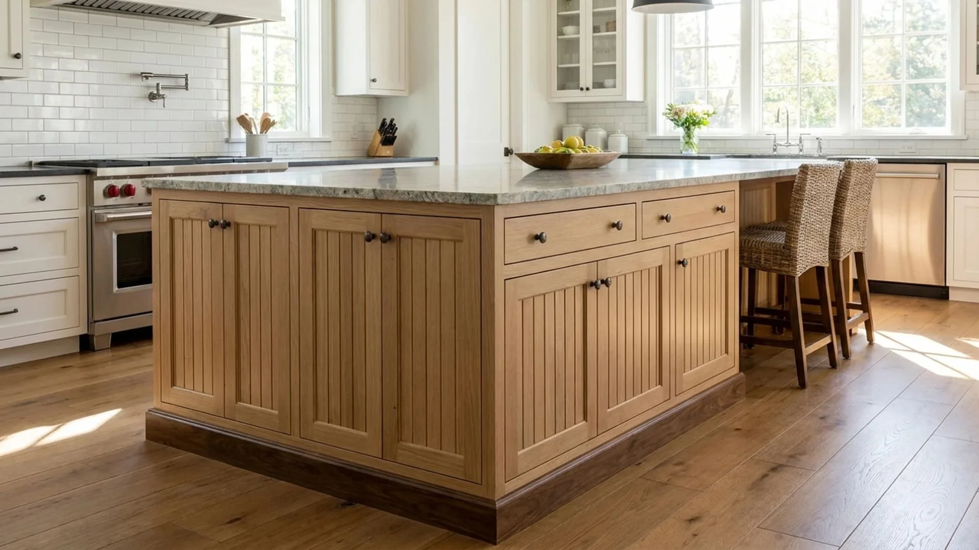 v-groove panel cabinet doors on natural oak kitchen island with granite countertop and stools