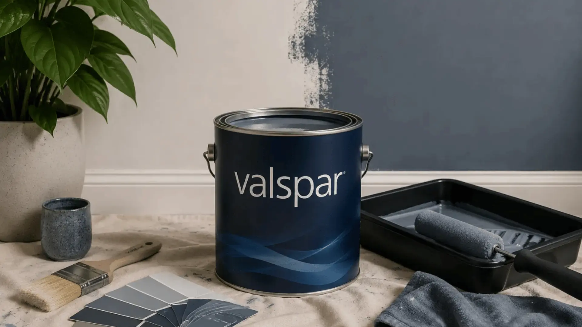 valspar paint can with color swatches roller and brush beside a wall being painted slate blue