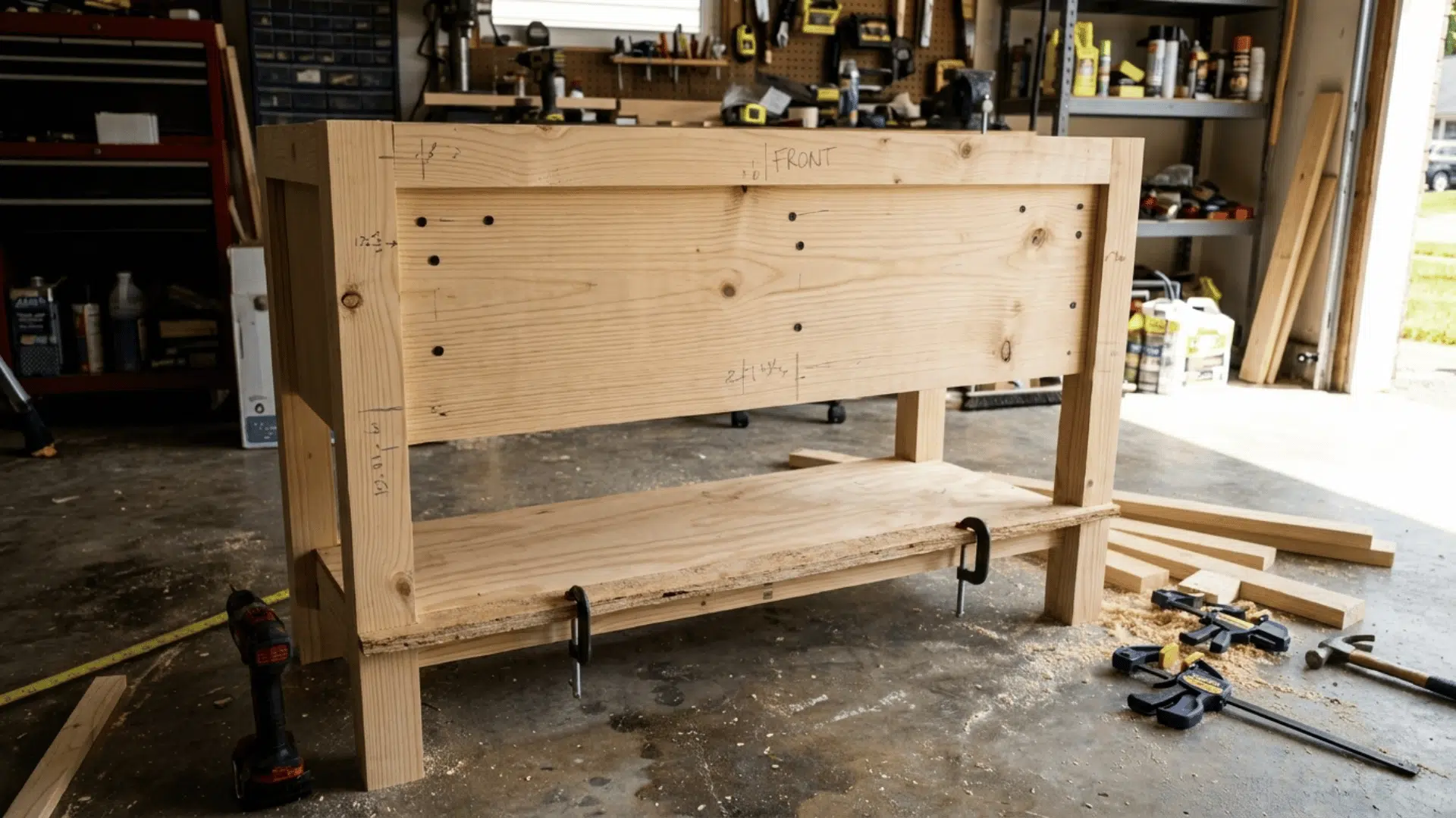 vanity frame with front rails and a plywood base installed and a scrap strip covering the front gap