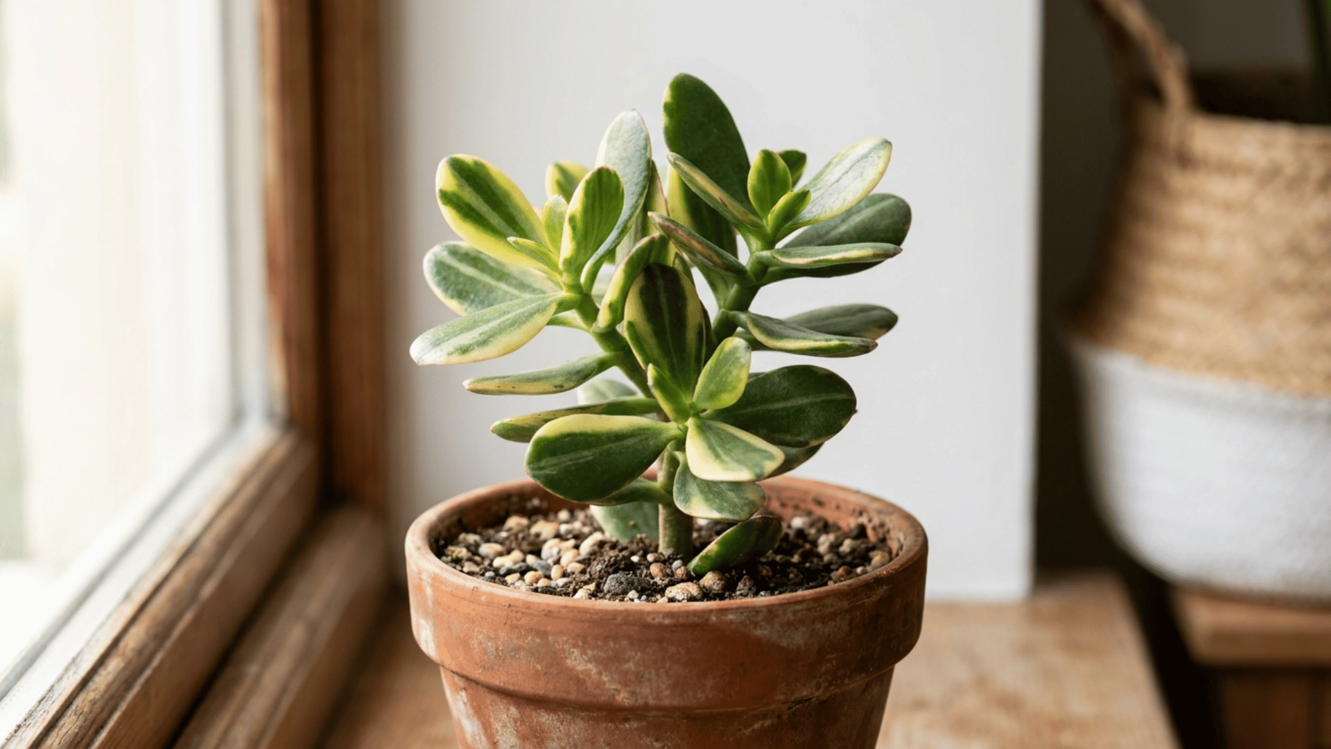 variegated jade plant showing cream and green streaked leaves in a terracotta pot