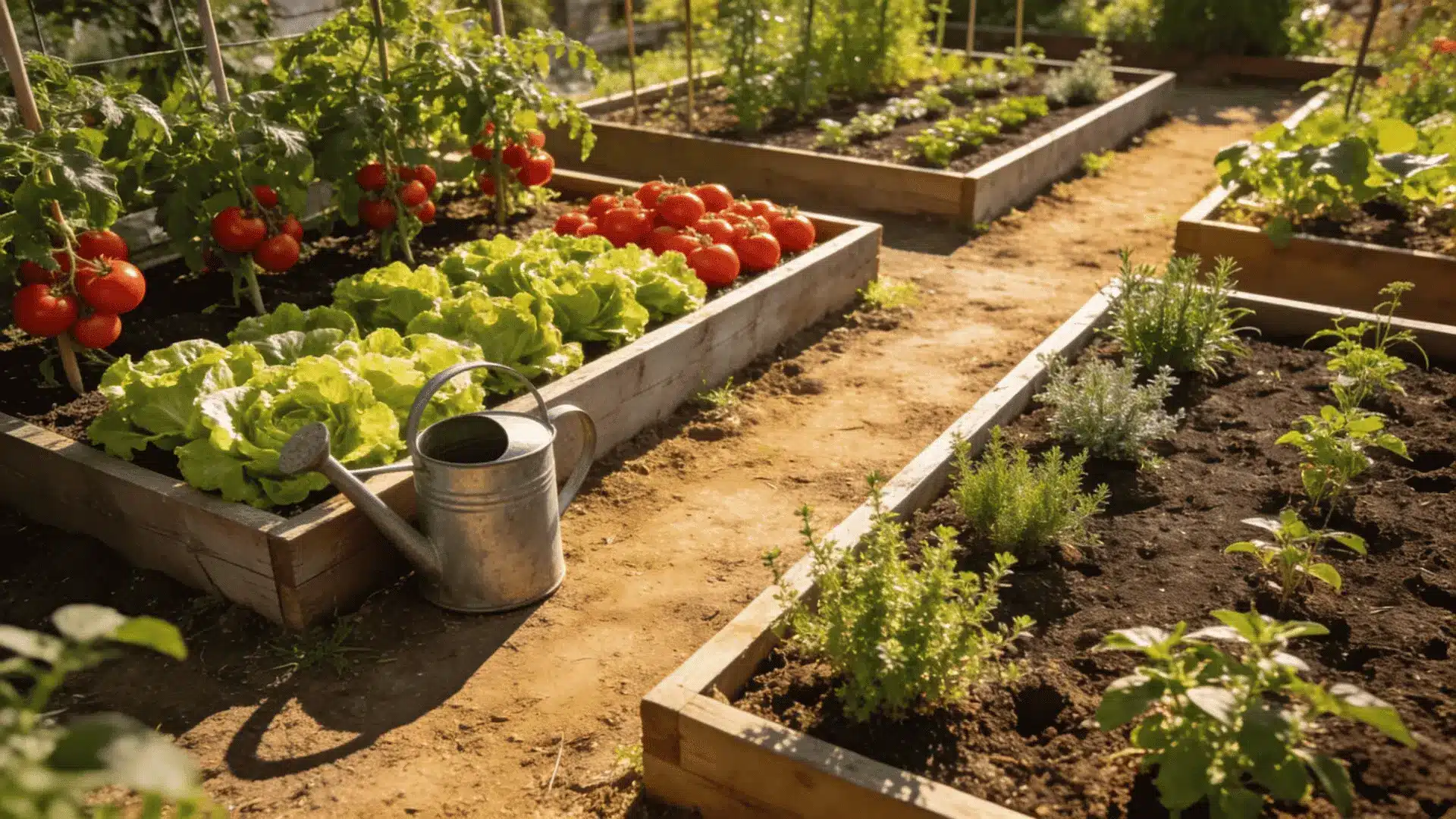 raised wooden garden beds with tomatoes lettuce and herbs along a dirt path beside a metal watering can