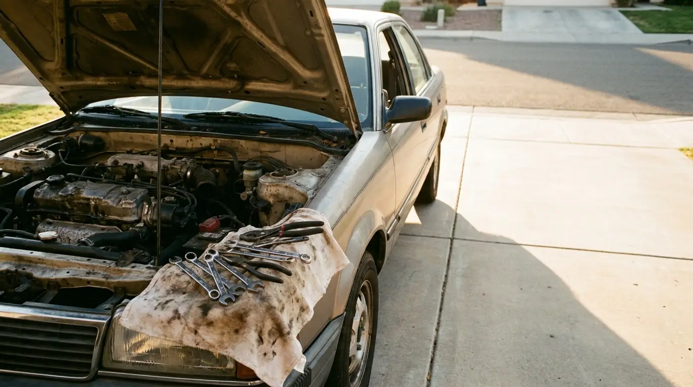 Car with hood open and tools on cloth in driveway under sunlight