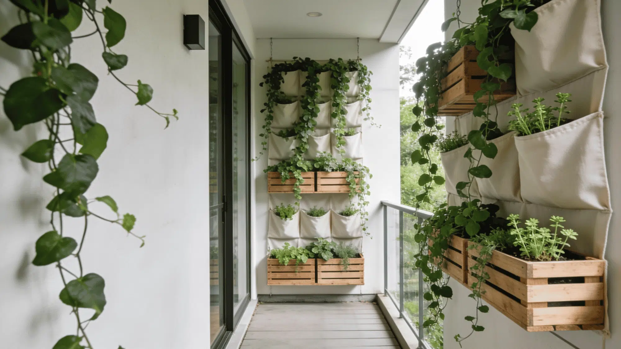 vertical garden featuring wooden crates and fabric pockets on a modern porch wall
