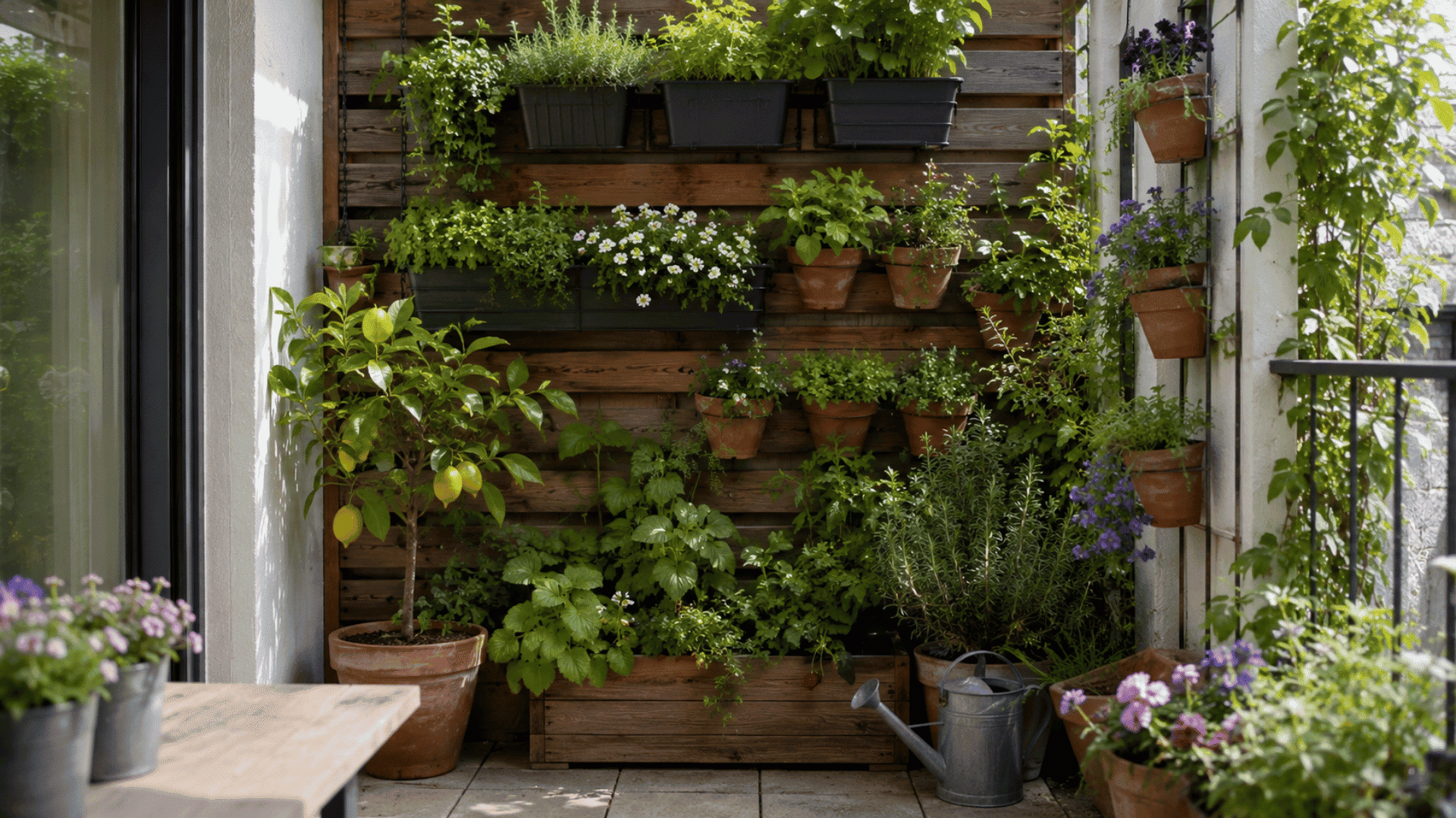 vertical garden for small spaces using wall planters trellises and hanging baskets