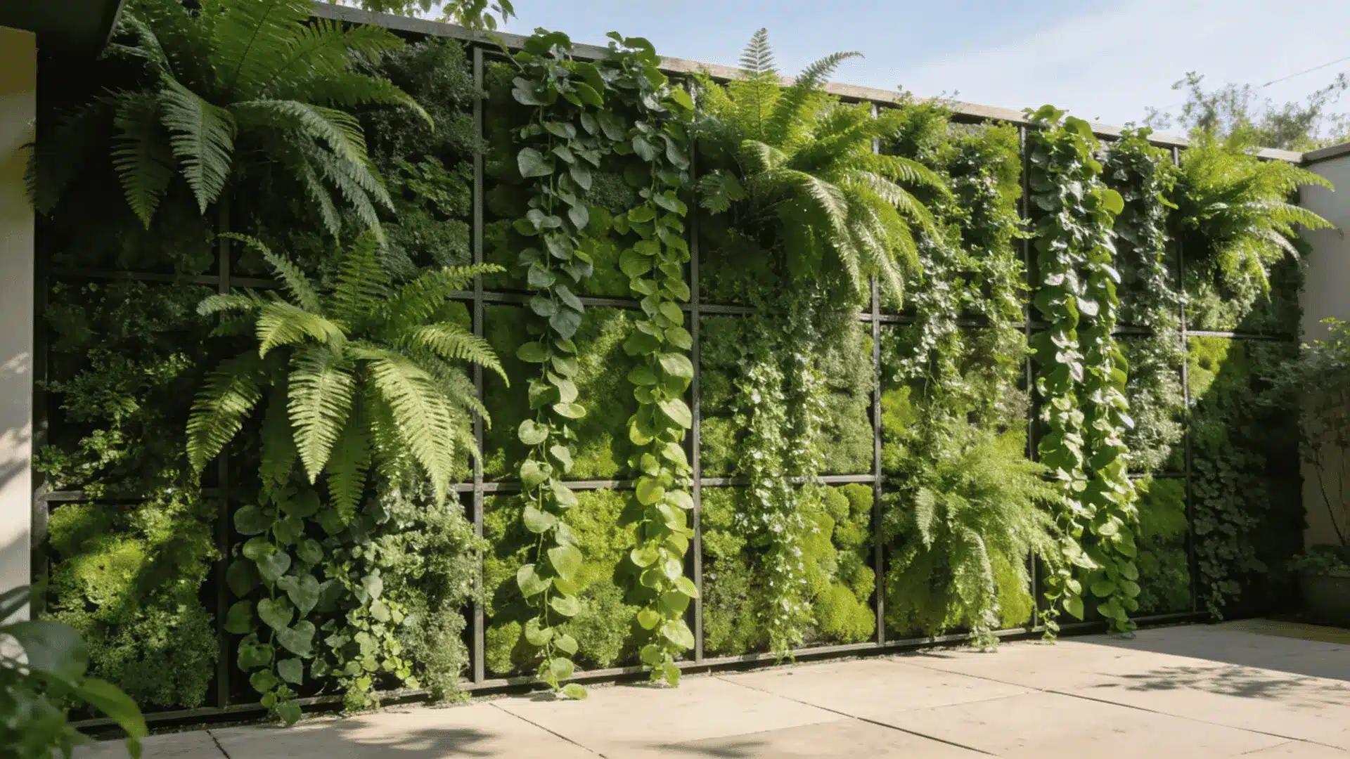 a lush vertical garden wall with vibrant green ferns and trailing ivy climbing a dark metal grid frame on an outdoor patio