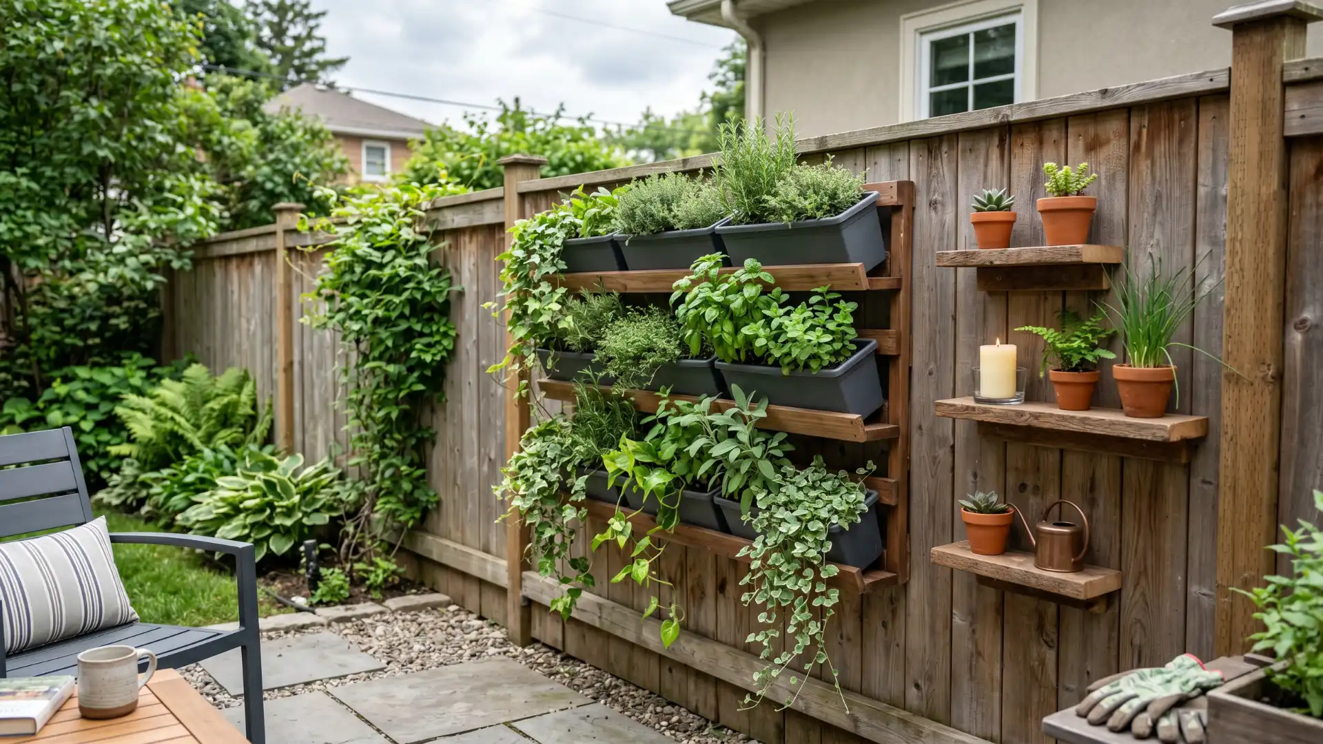 vertical wall planters with green herbs and trailing plants mounted on a wooden fence with floating shelves holding small terracotta pots on a small patio