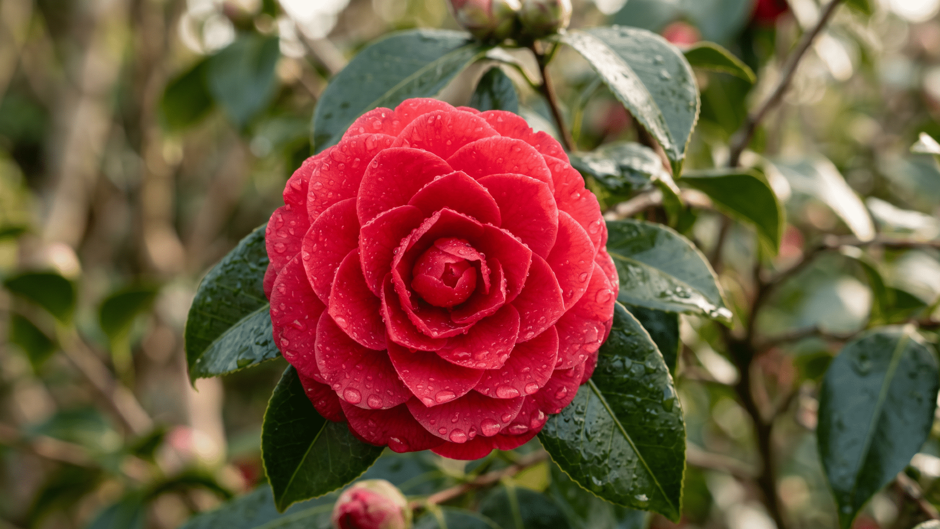 vibrant red camellia flower with many petals, covered in water droplets, surrounded by green leaves and buds.