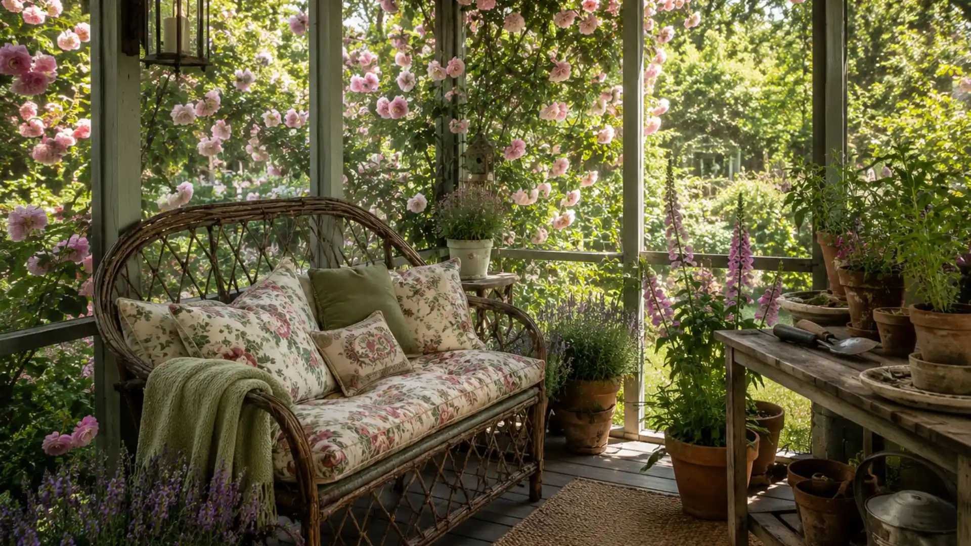 Claude responded: twig-willow loveseat with floral chintz cushions beside a rustic potting bench surrounded by climbing rosestwig-willow loveseat with floral chintz cushions beside a rustic potting bench surrounded by climbing roses