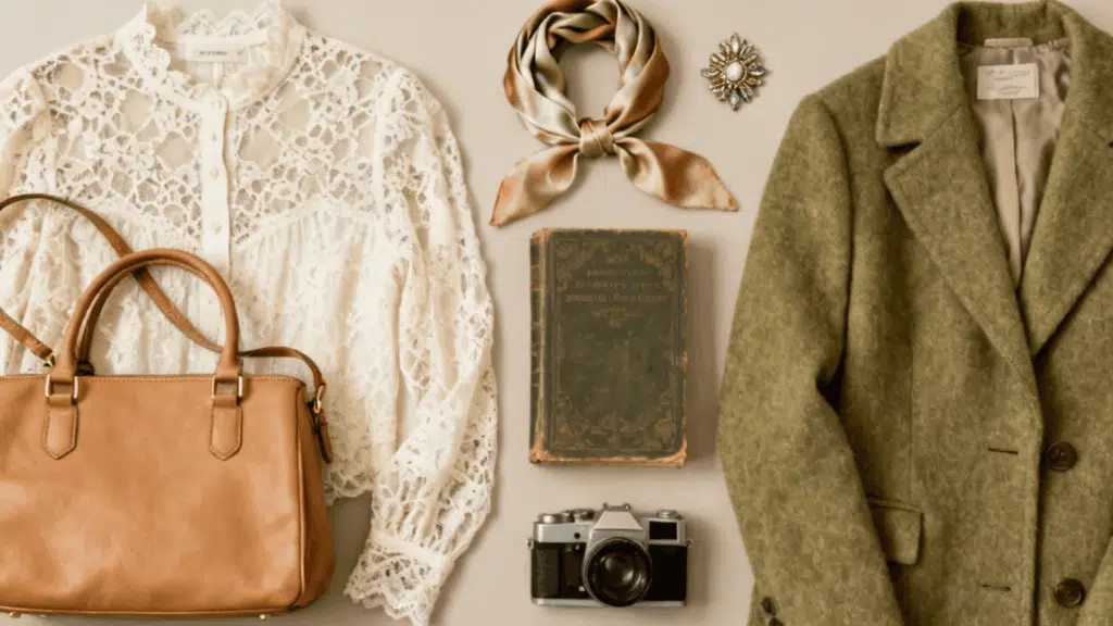 vintage aesthetic with timeless clothing leather handbag silk scarf and classic fashion accessories