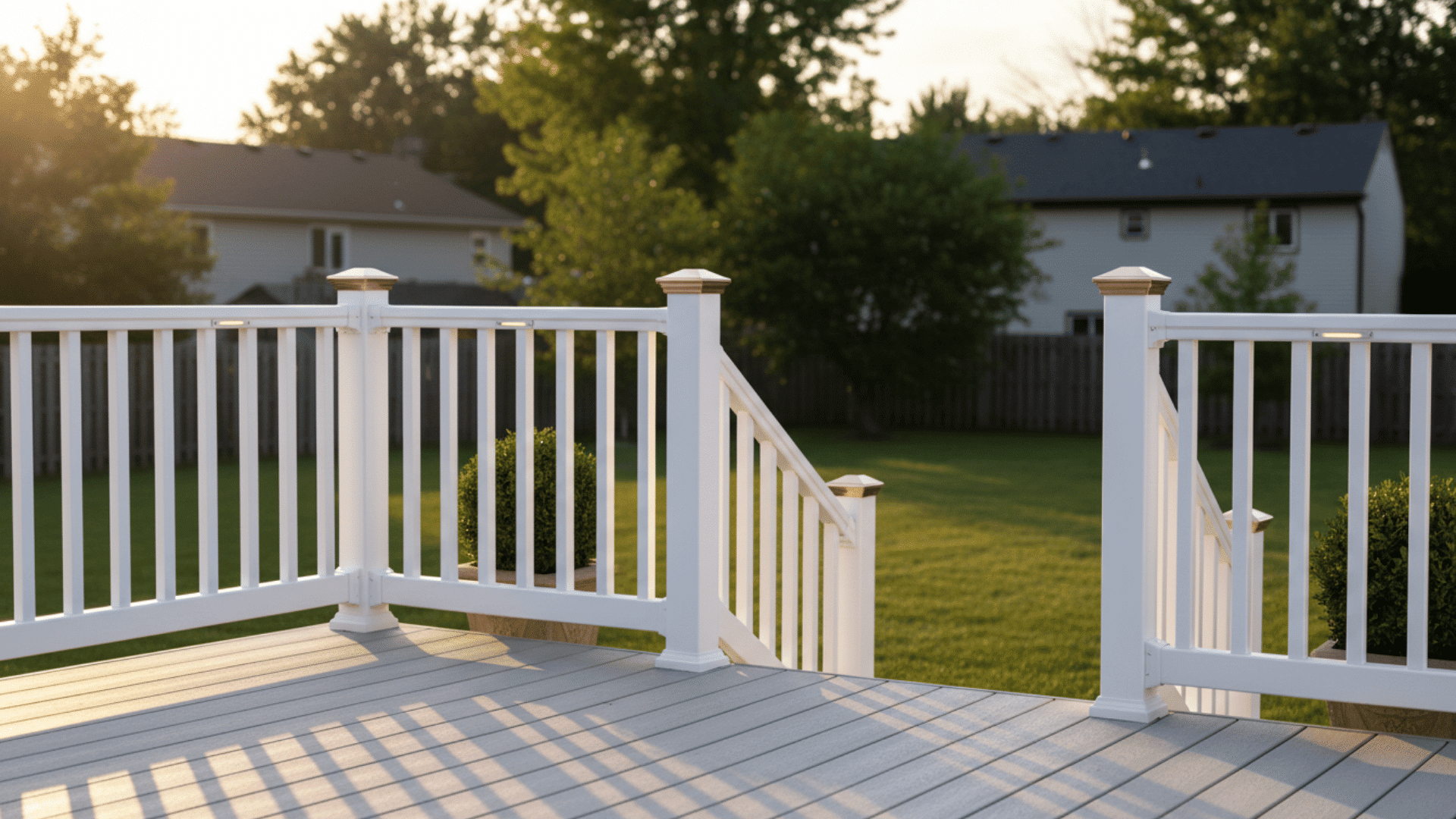 Vinyl deck railing with decorative post caps, white finish, simple suburban deck scene.