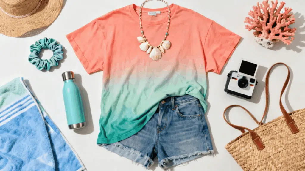 vsco girl aesthetic with oversized tshirt denim shorts scrunchies and beach inspired accessories