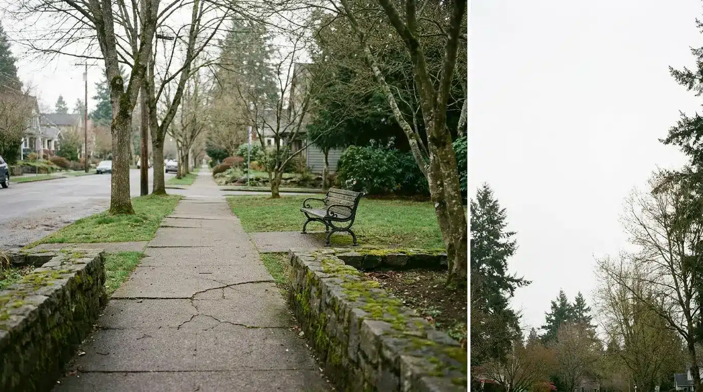Quiet residential street with sidewalk, wooden bench, and bare trees under overcast sky