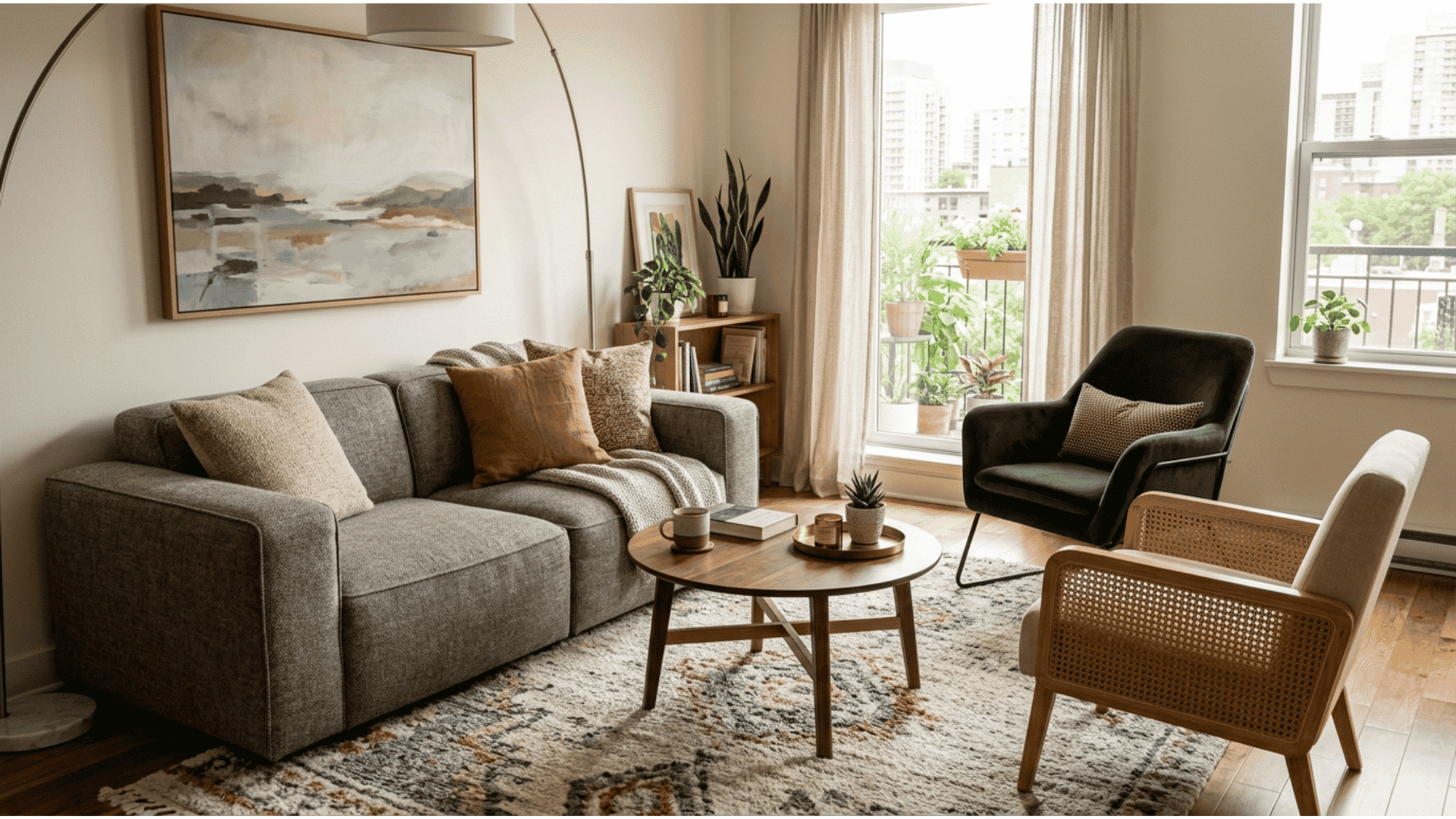 warm apartment living room with a two seater grey sofa paired with two accent chairs facing it around a round wooden coffee table near a balcony door