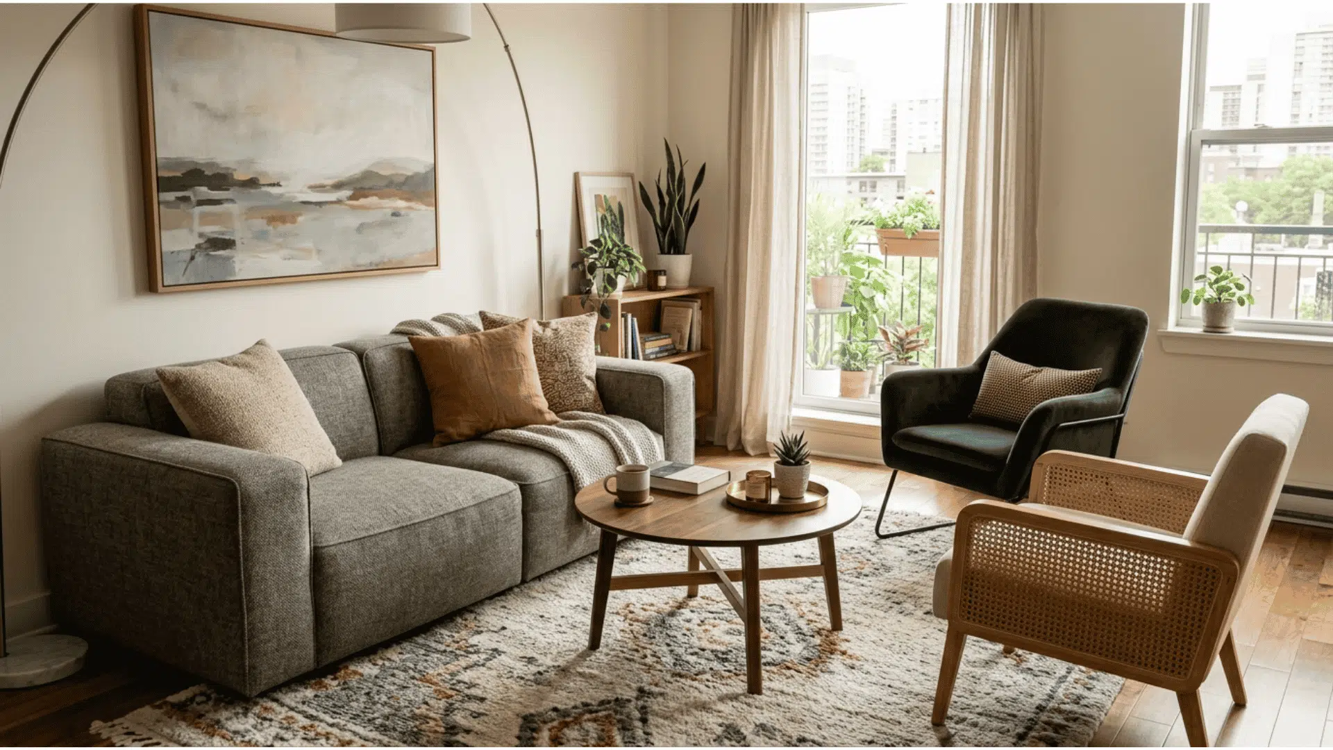 warm apartment living room with a two seater grey sofa paired with two accent chairs facing it around a round wooden coffee table near a balcony door