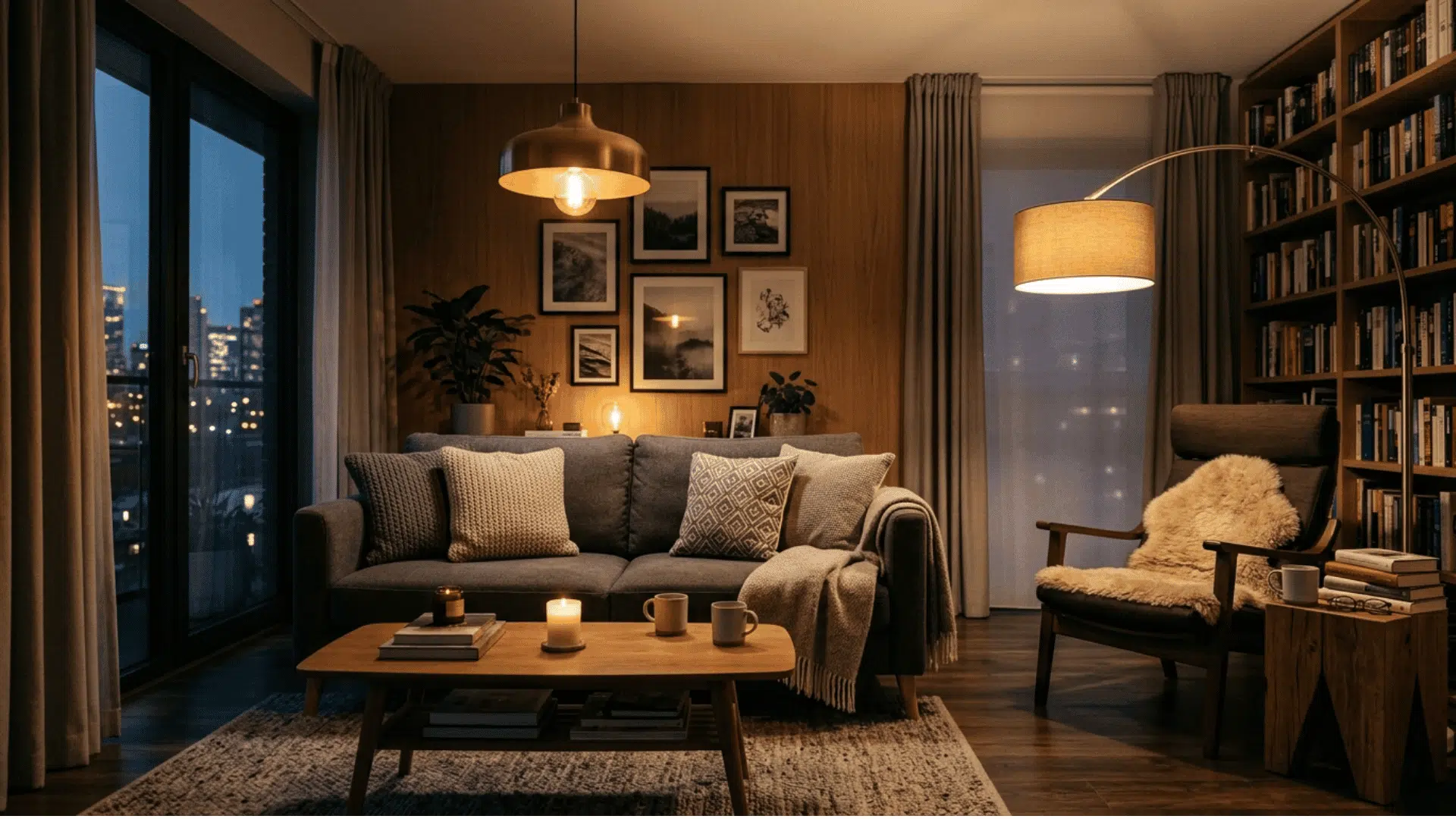 warm golden evening light with a grey sofa and throw on the right