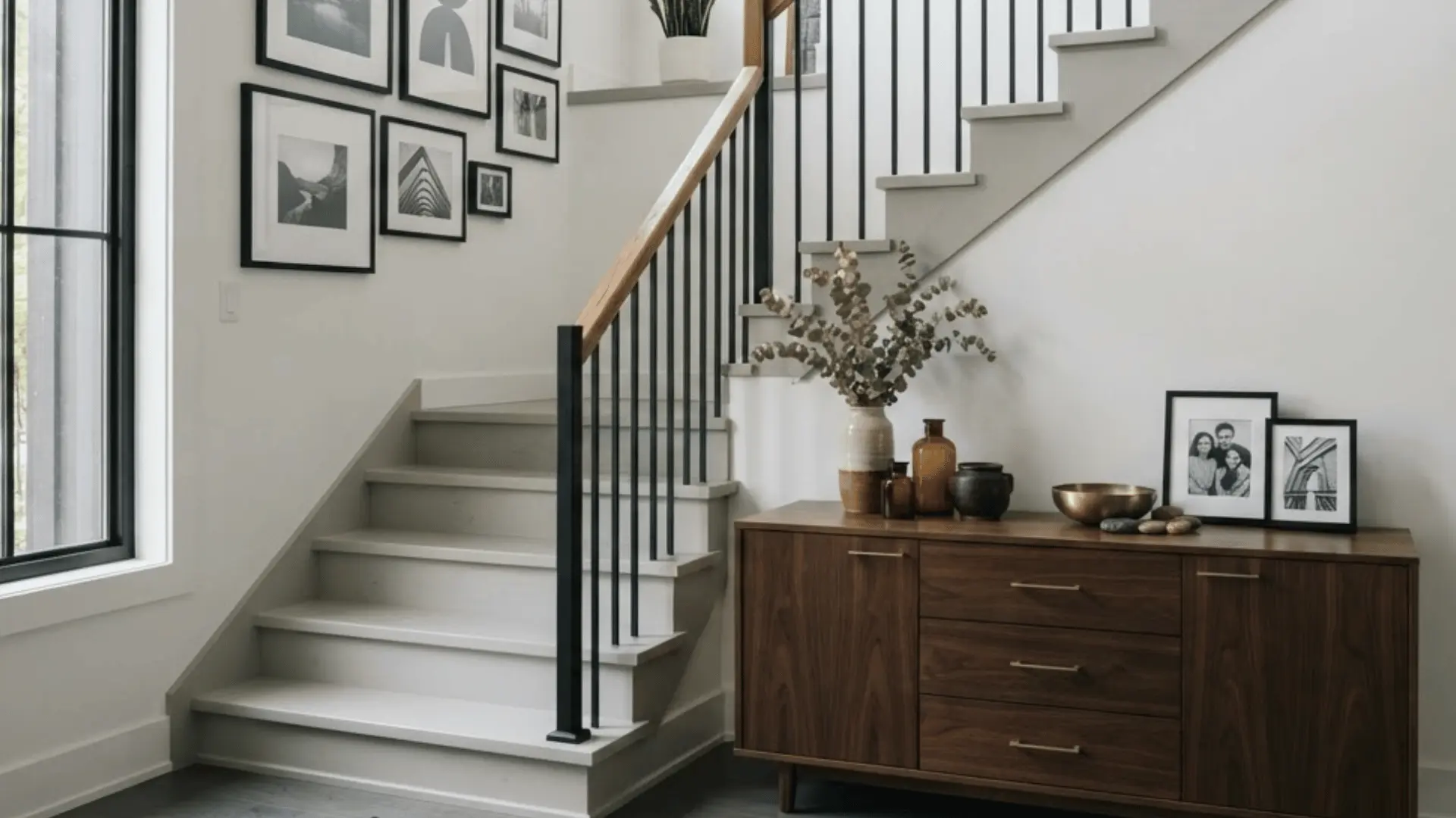 warm gray painted stairs with neutral walls wood railing and soft family home styling