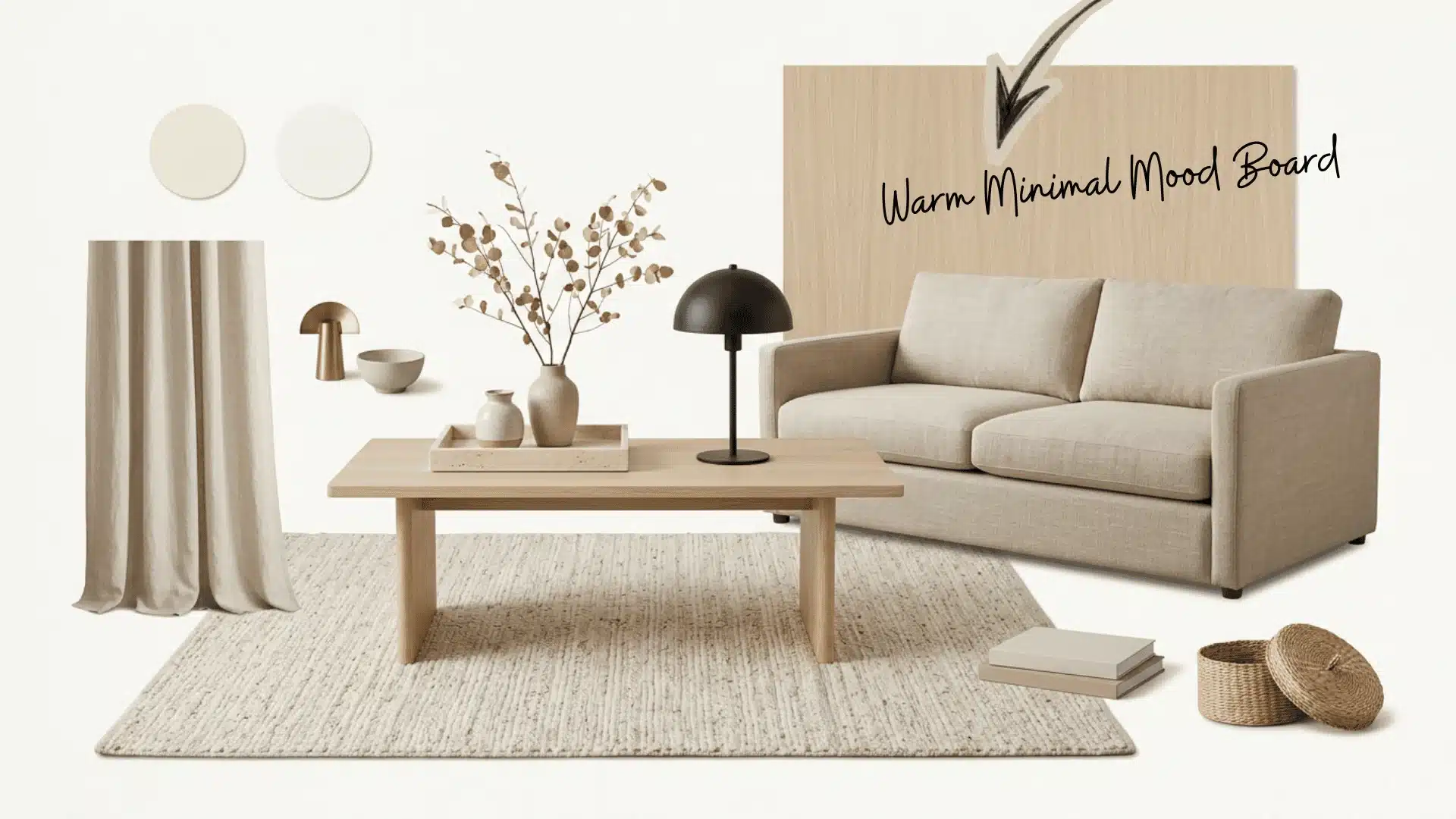 cream oak and linen organic modern mood board with wool rug black lamp travertine tray and ceramic vase