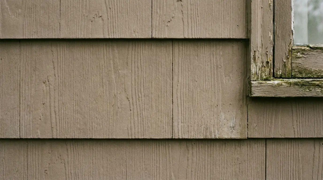 Aged wooden wall with textured siding and weathered window frame in natural light