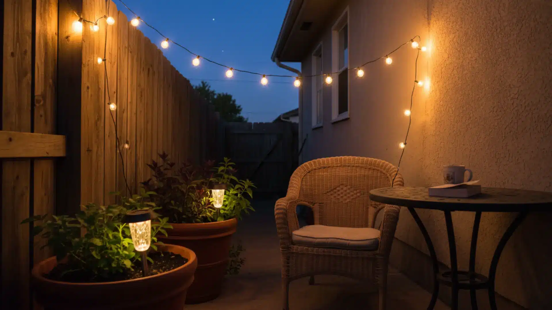 warm solar string lights glowing overhead and solar stake lights along a gravel path on a small backyard patio with a chair and potted plants at dusk