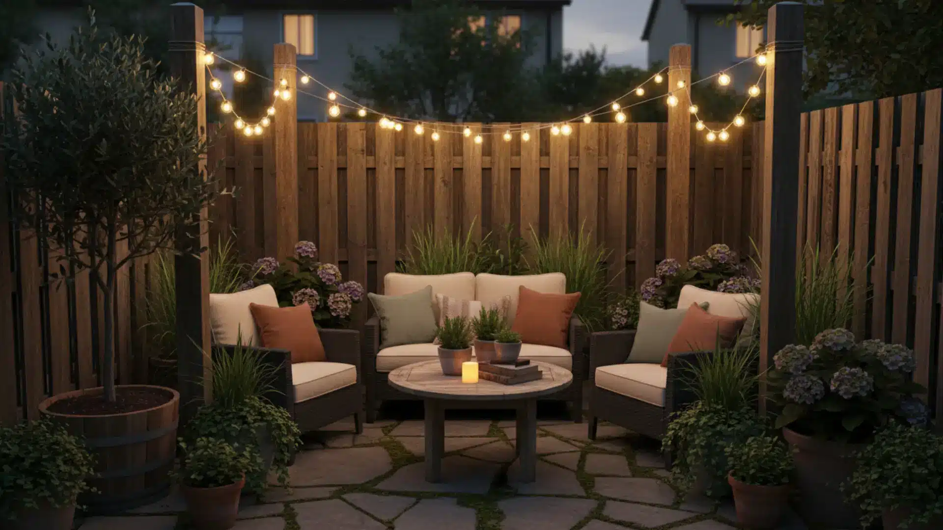 warm white string lights draped overhead on a small backyard patio at dusk with outdoor seating cushions and lush potted plants in soft glowing ambient light