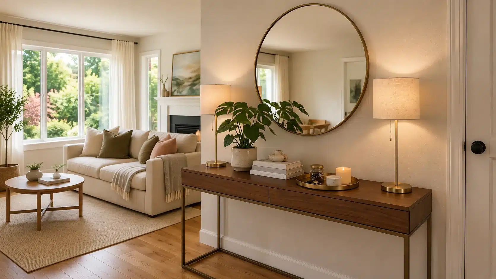 Warmly lit entryway featuring a round brass mirror above a dark wood console table with lamps, plants, and decor, opening into a bright living room with a beige sofa and large windows overlooking greenery