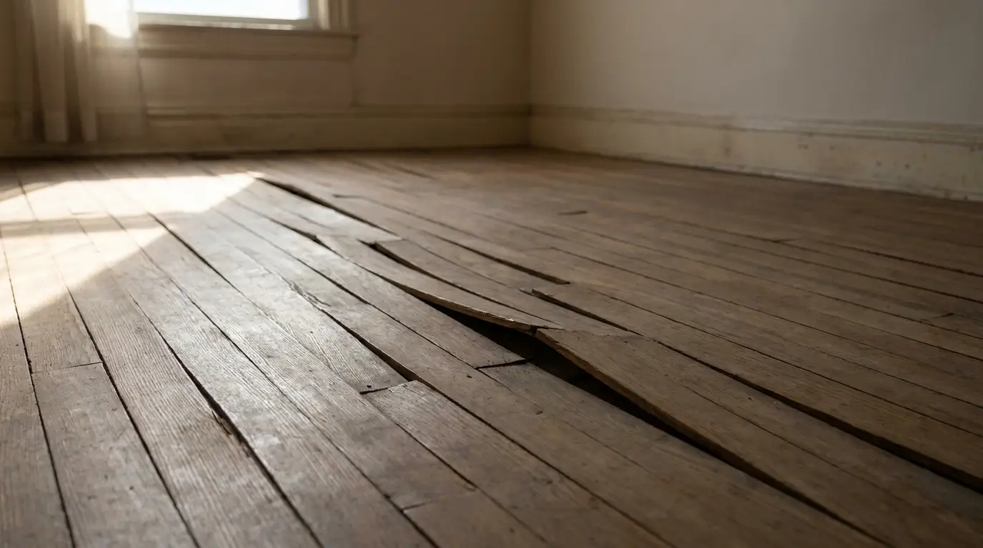 Wooden floor with warped and lifted planks in an empty room with natural light