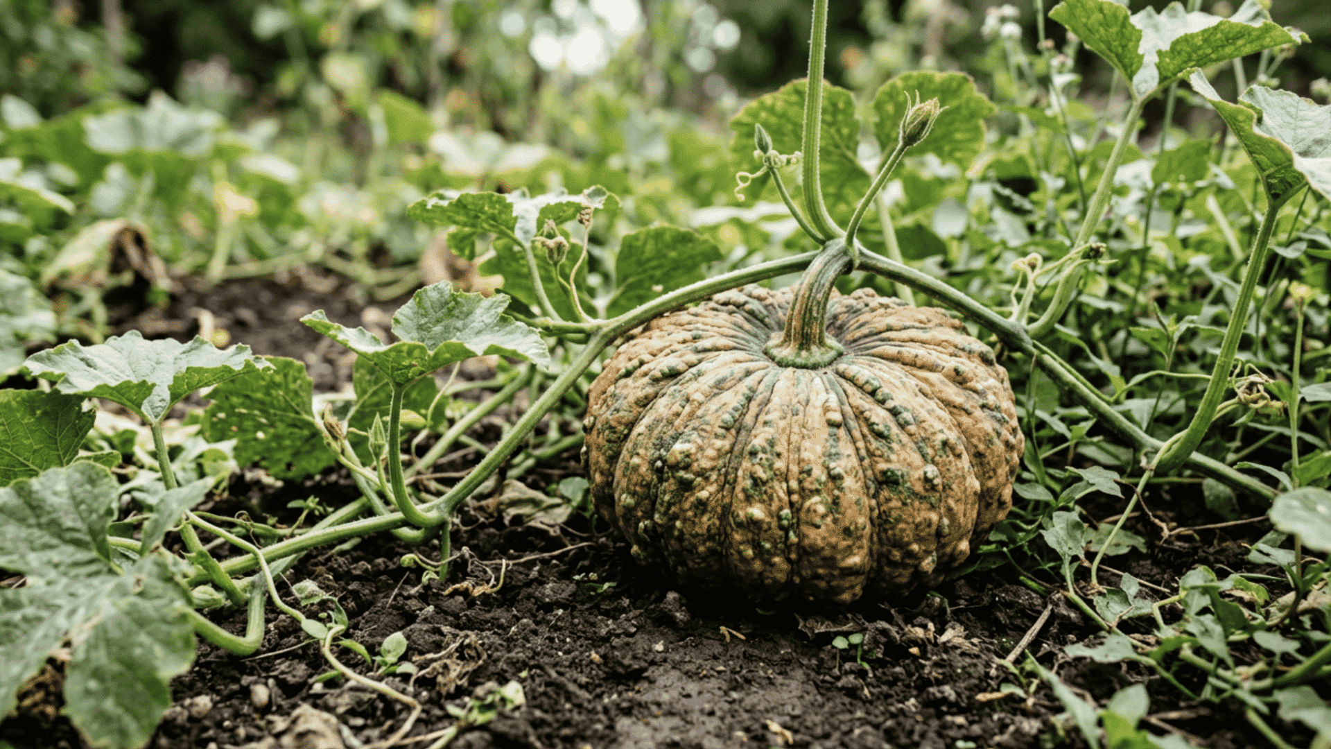 warty goblin pumpkin growing on dark garden soil surrounded by green vines curling tendrils