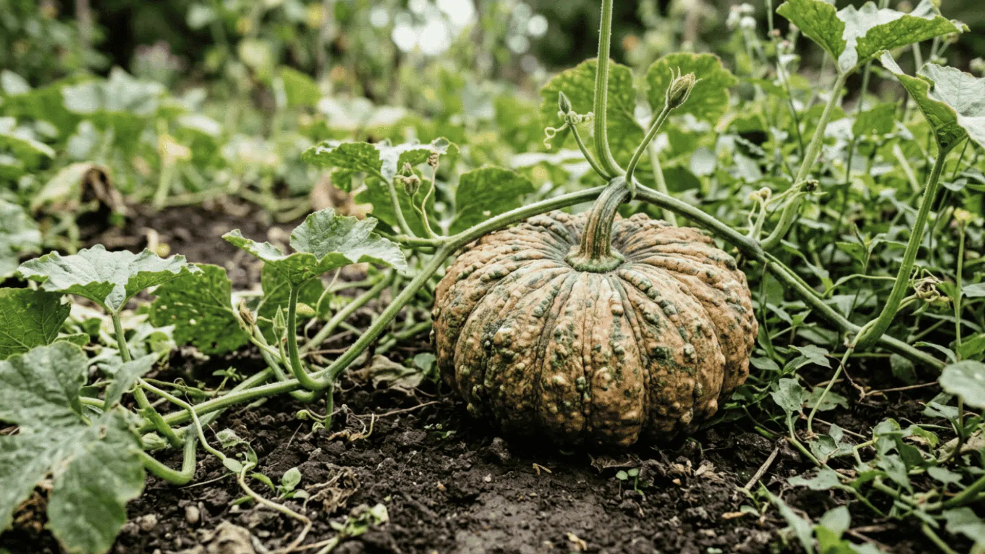 warty goblin pumpkin growing on dark garden soil surrounded by green vines curling tendrils