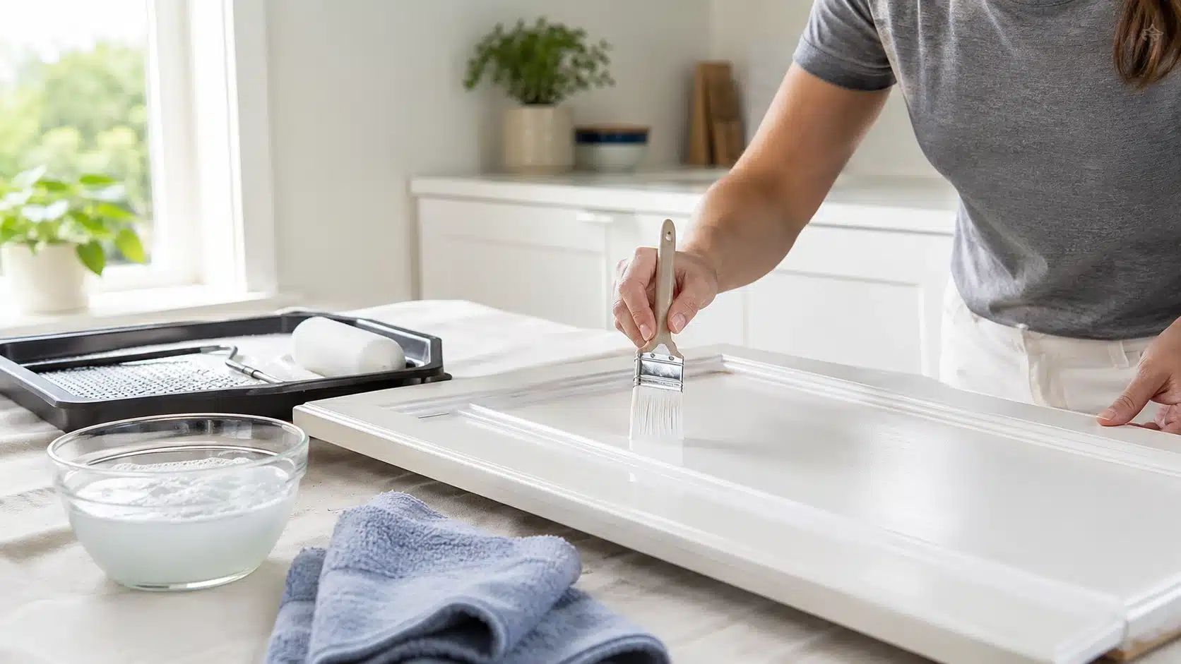 water based enamel paint brushed onto a white cabinet door with soap water and a roller nearby