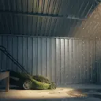 Lawn mower covered in grass inside a dimly lit metal shed with garden tools on table