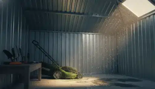 Lawn mower covered in grass inside a dimly lit metal shed with garden tools on table