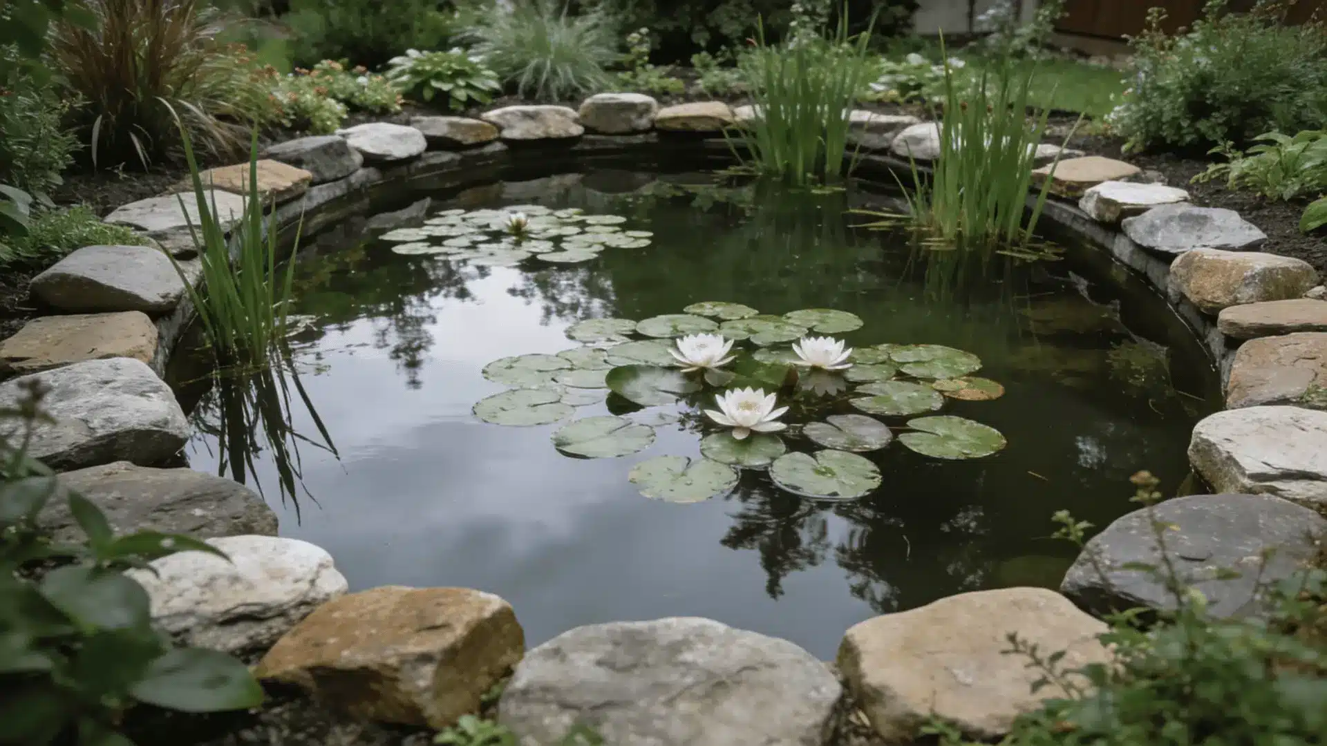 round garden pond edged with stones with white water lilies lily pads reeds and dark reflective water