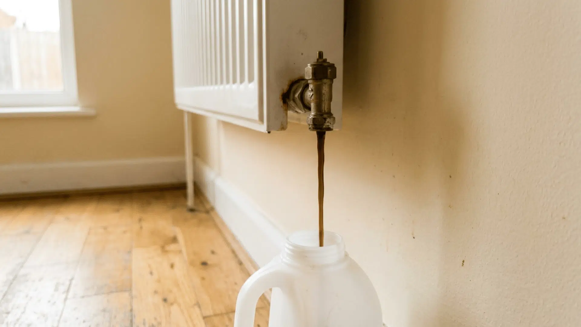 water trickling out of a radiator bleed valve into a jug once the trapped air has cleared