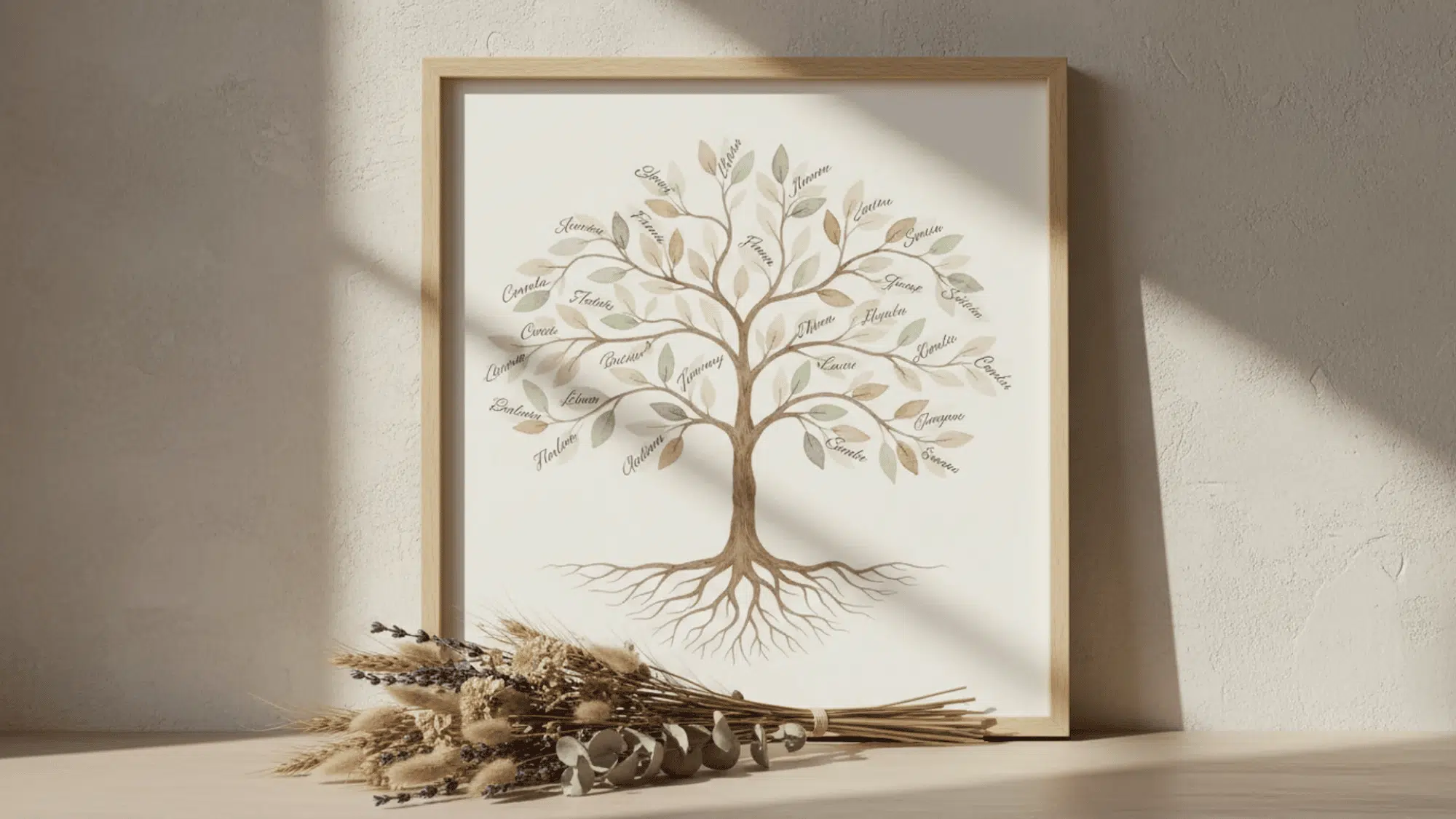 watercolor family tree illustration in a wooden frame beside dried wildflowers