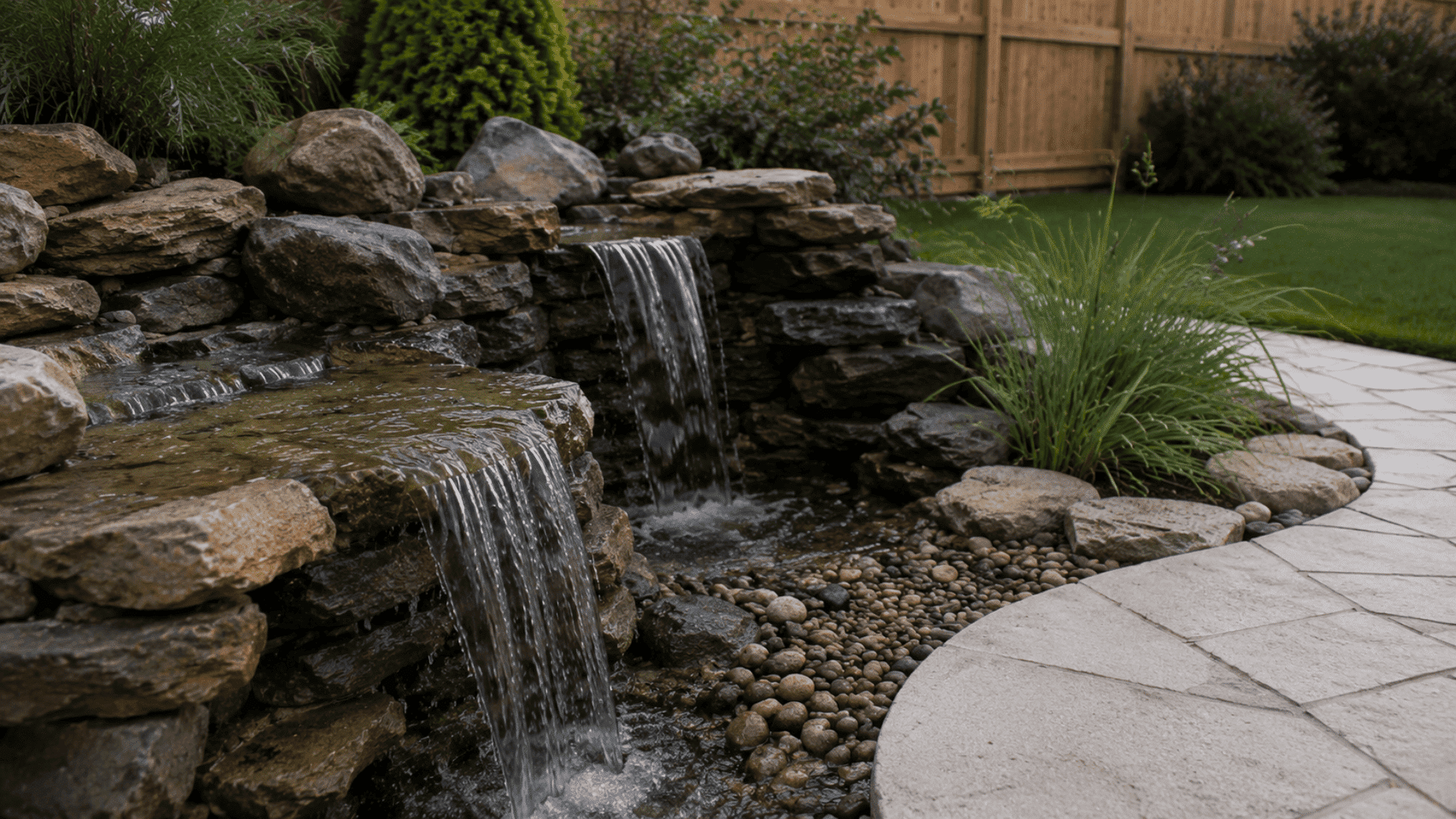 waterfall garden with cascading water natural stone features and lush greenery (1)