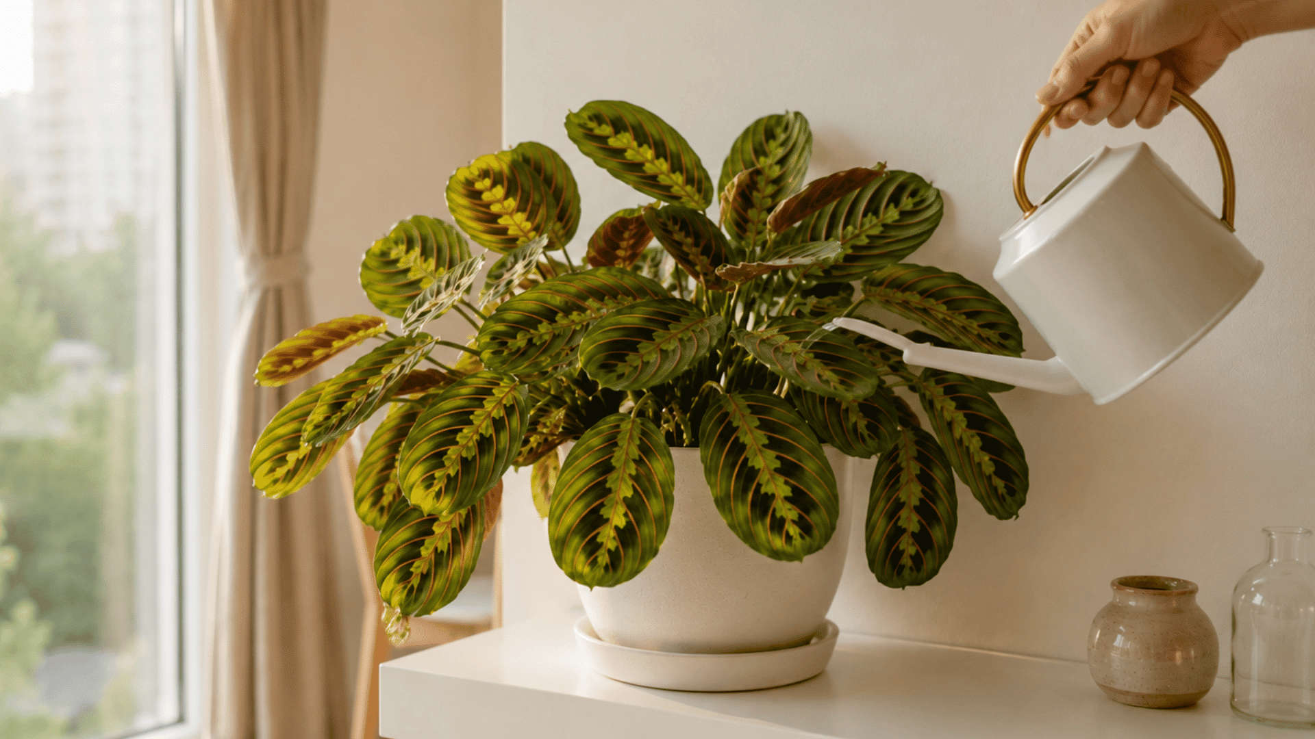 watering a lush prayer plant in a white pot beside a sunlit window in a calm indoor setting
