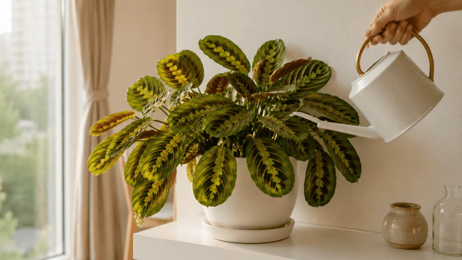 watering a lush prayer plant in a white pot beside a sunlit window in a calm indoor setting