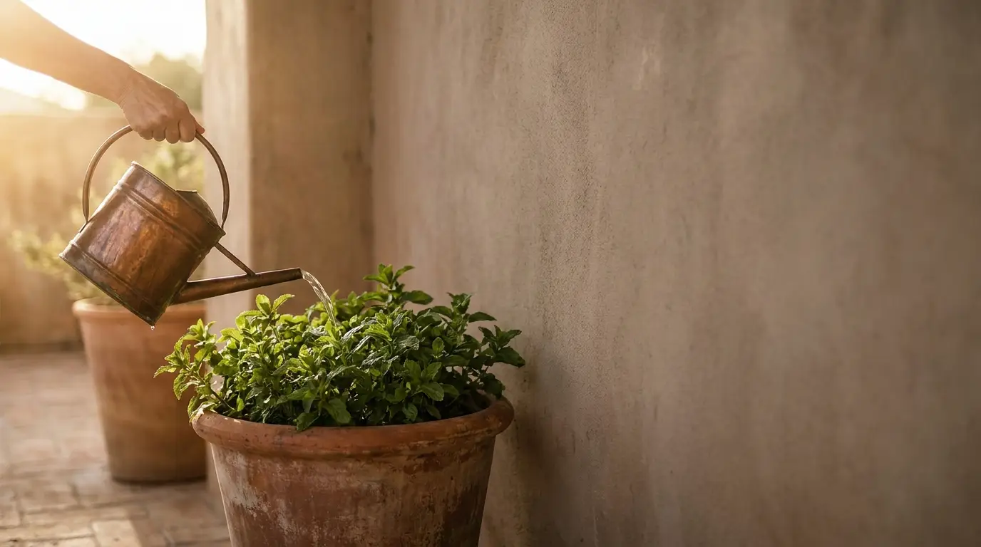 Watering green plant in large terracotta pot against sunlit wall