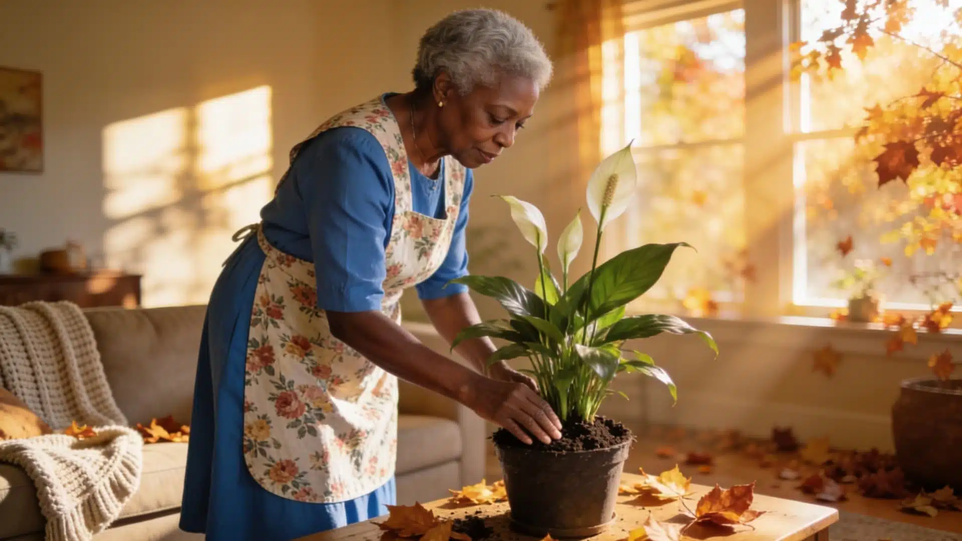 Person checking peace lily soil before watering an indoor plant.