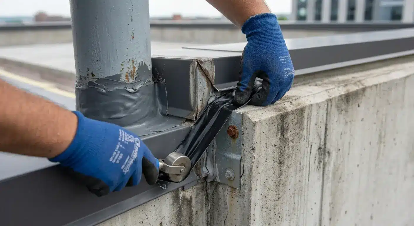 Hands in blue gloves applying waterproof sealant tape on outdoor metal structure joint