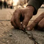 Weathered hands plant a tiny seed into cracked urban concrete at golden hour. A small green sprout, gritty textures, warm bokeh lights, and blurred city background