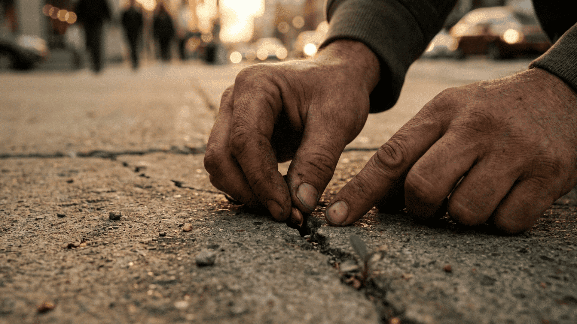Weathered hands plant a tiny seed into cracked urban concrete at golden hour. A small green sprout, gritty textures, warm bokeh lights, and blurred city background