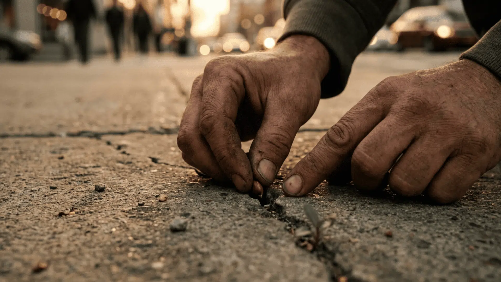 Weathered hands plant a tiny seed into cracked urban concrete at golden hour. A small green sprout, gritty textures, warm bokeh lights, and blurred city background
