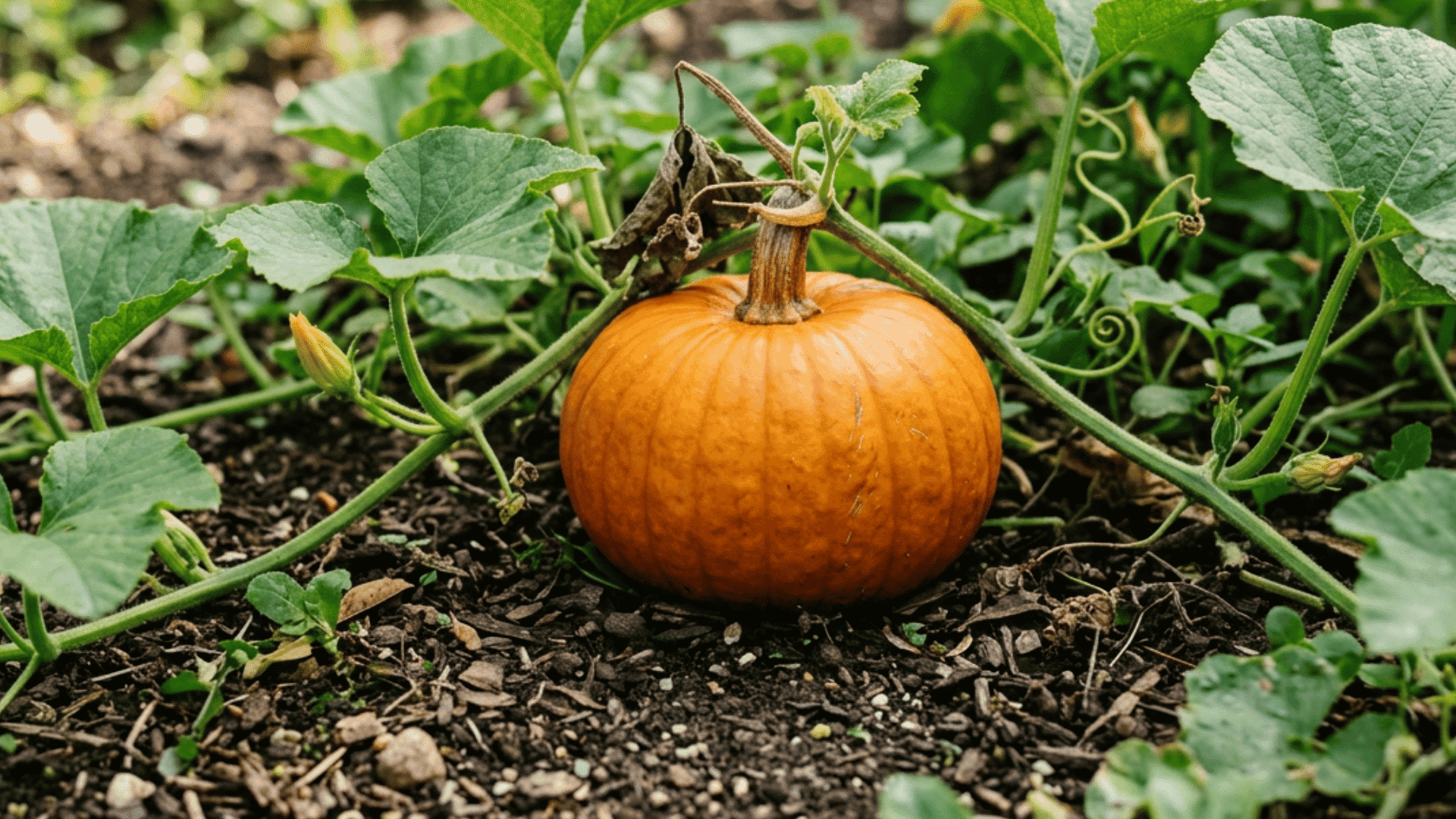 wee-b-little pumpkin growing on dark garden soil surrounded by green vines curling tendrils